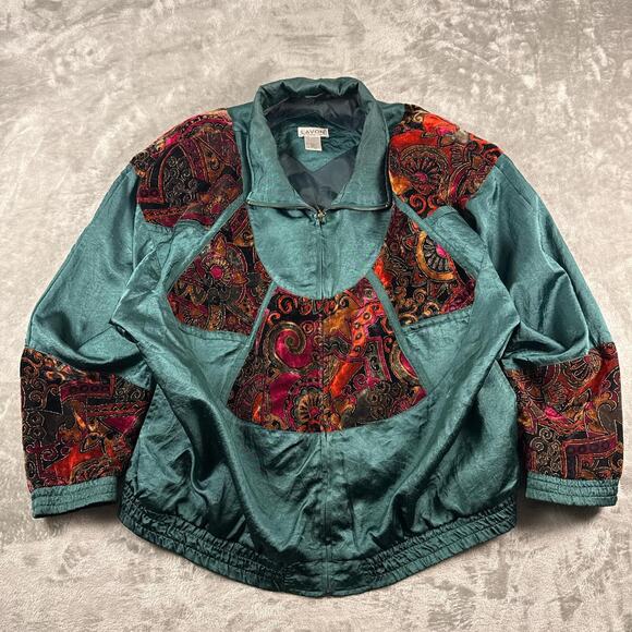 Lavon Jackets & Blazers - VTG 90's Lavon Shiny Emerald Green Velvet Floral Accents Women’s Jacket  XL
